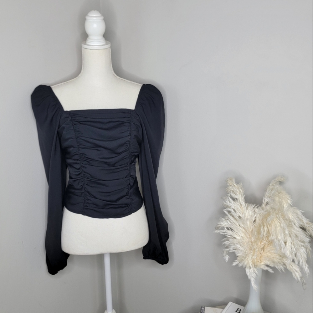 Express | Black Ruched | Long Sleeve Blouse Top | Balloon Sleeves | Size S
